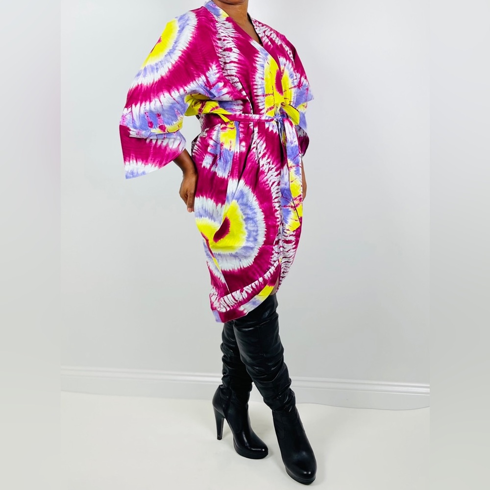 African Print Ankara Tie Dye Multicolor Belted Midi Shirt Dress